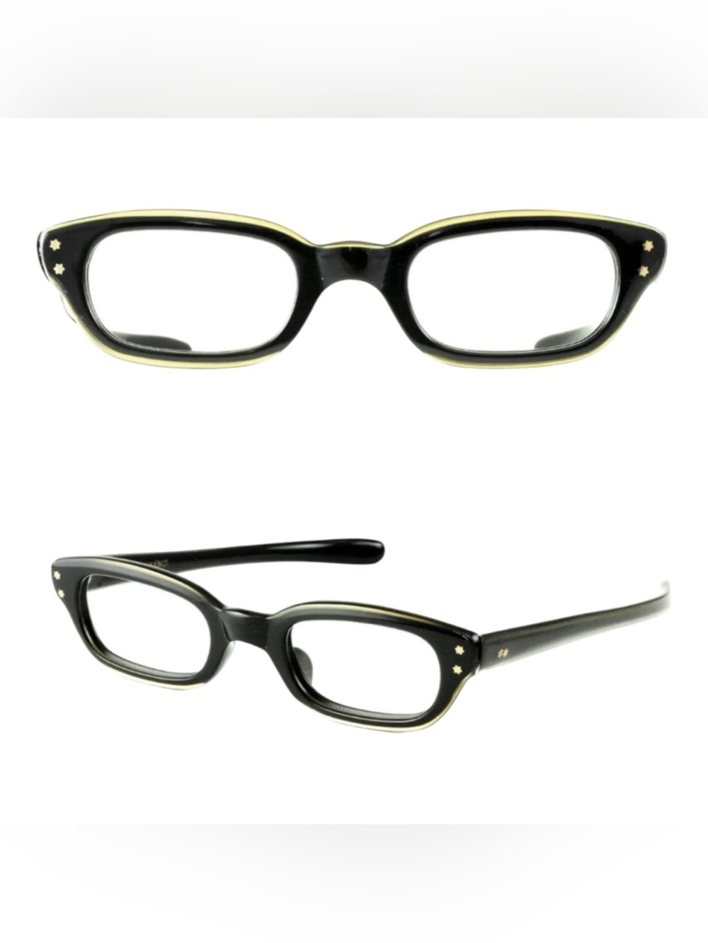 Vintage 1950’s Black Eyeglasses with Iridescence Gold Trim, Made in France, New